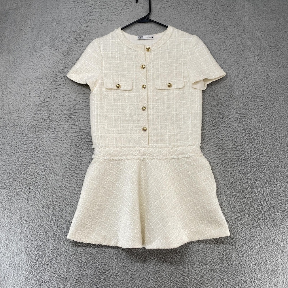 Zara Old Money Dress Womens Small Tweed Check Fit Flare Short Sleeve Mini Office - Picture 2 of 16